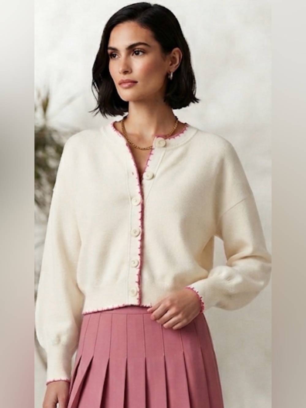 Willow & Wind Cream Cardigan w Pink Stitch Trim